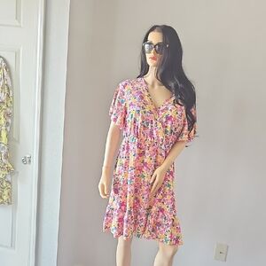 SHEIN Pink Floral V-Neck Ruffle Mini Dress